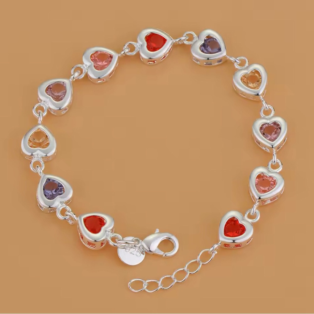 Multi-Color Crystal Heart Link Bracelet, Sterling Silver